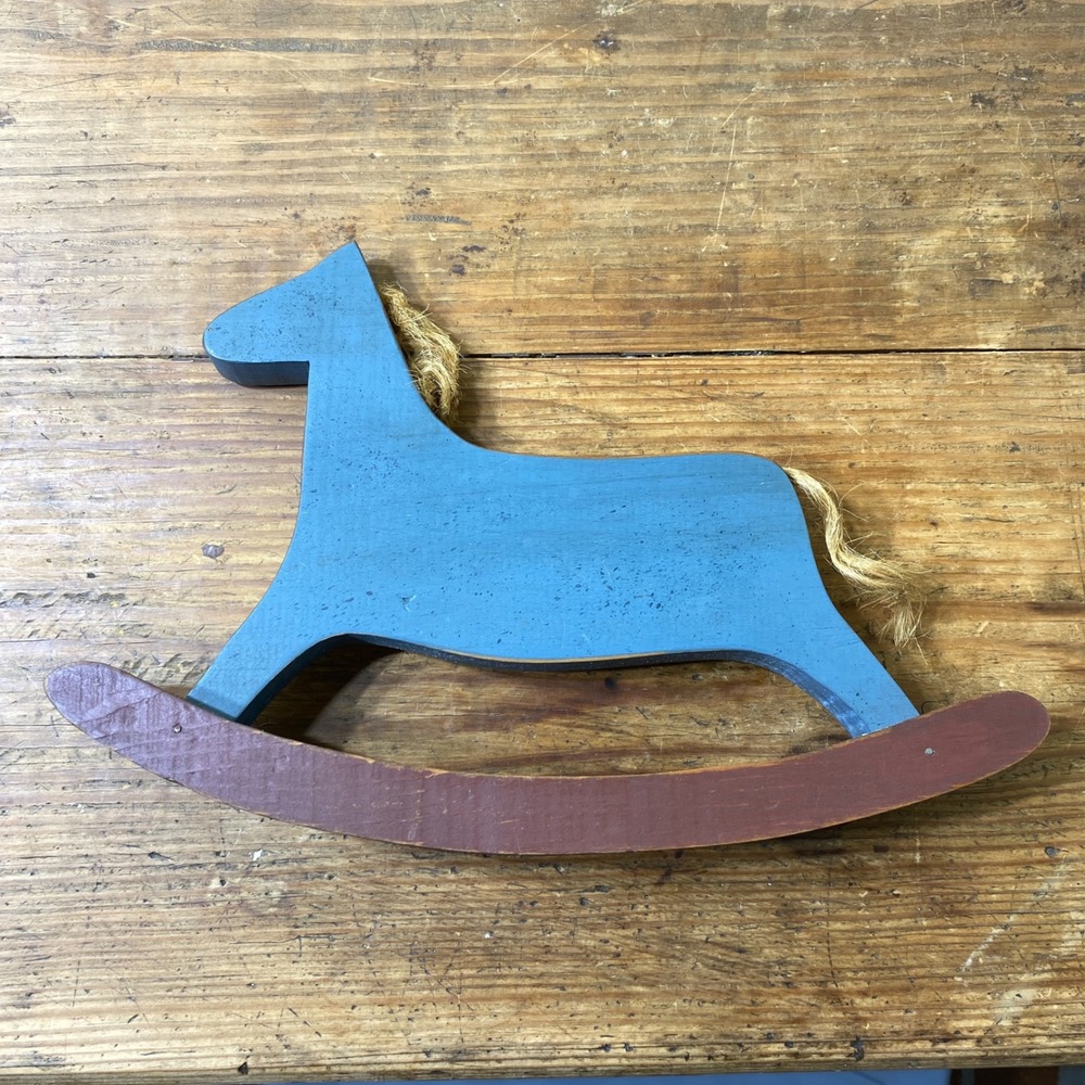 Vintage Primitive Wooden Rocking Horse Figurine Blue Farmhouse Decor 11 Inch